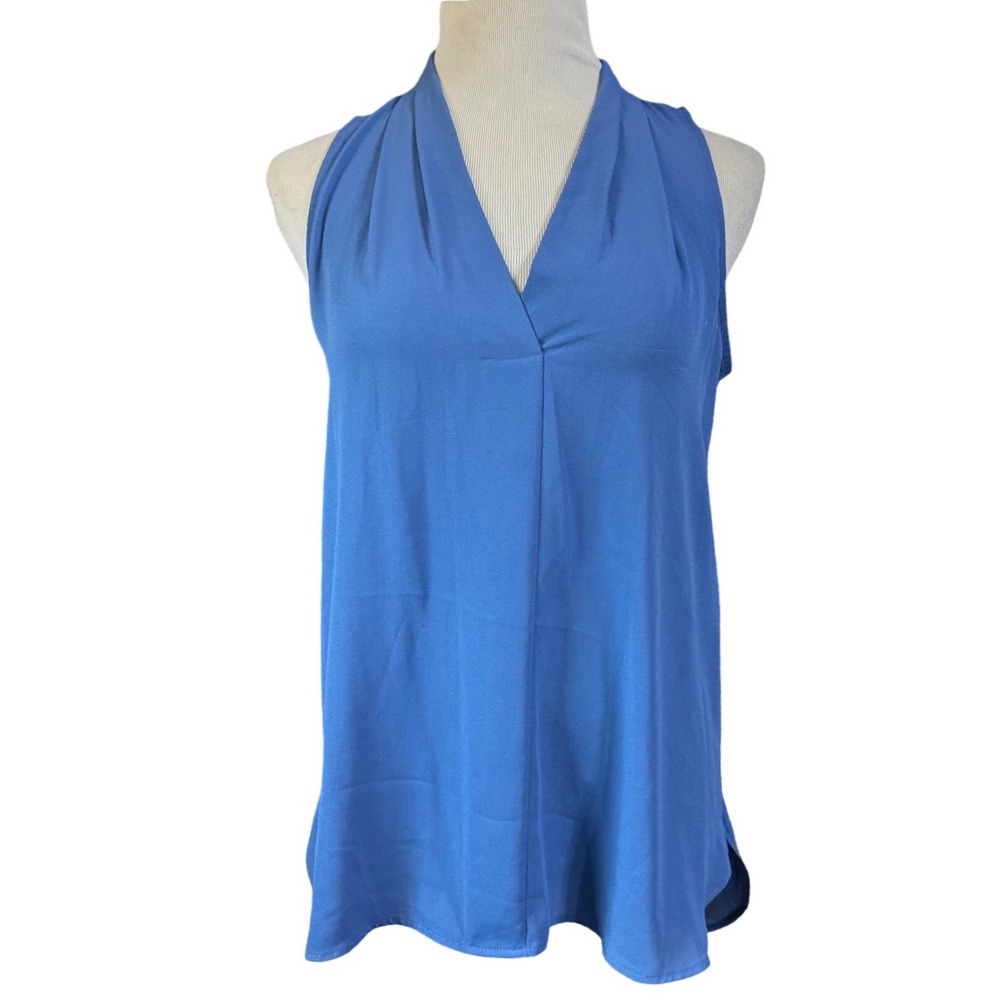Vince Camuto Blouse Womens Small Pleated V-Neck Sleeveless Top Blue Crepe